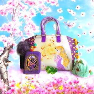 Loungefly Disney Tangled Flowers Satchel Bag, Wallet,CHARM,Pasquale HandBag&Clip
